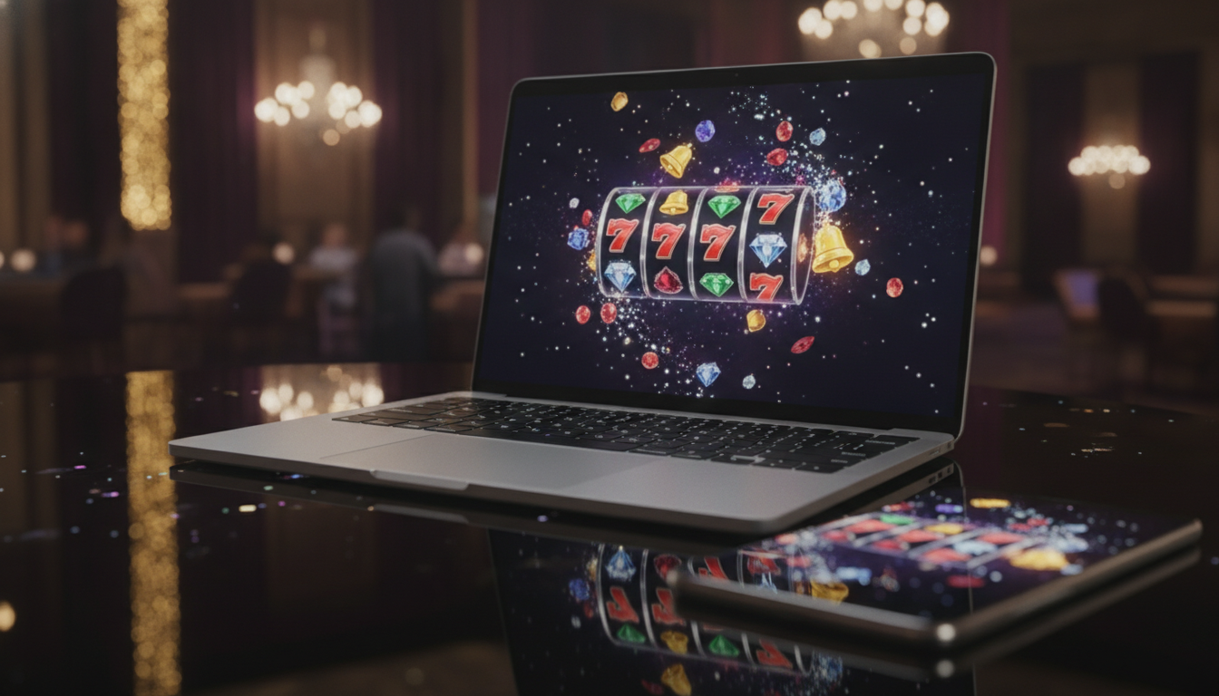 Modern online casino lobby on a laptop and smartphone with glowing slot reels