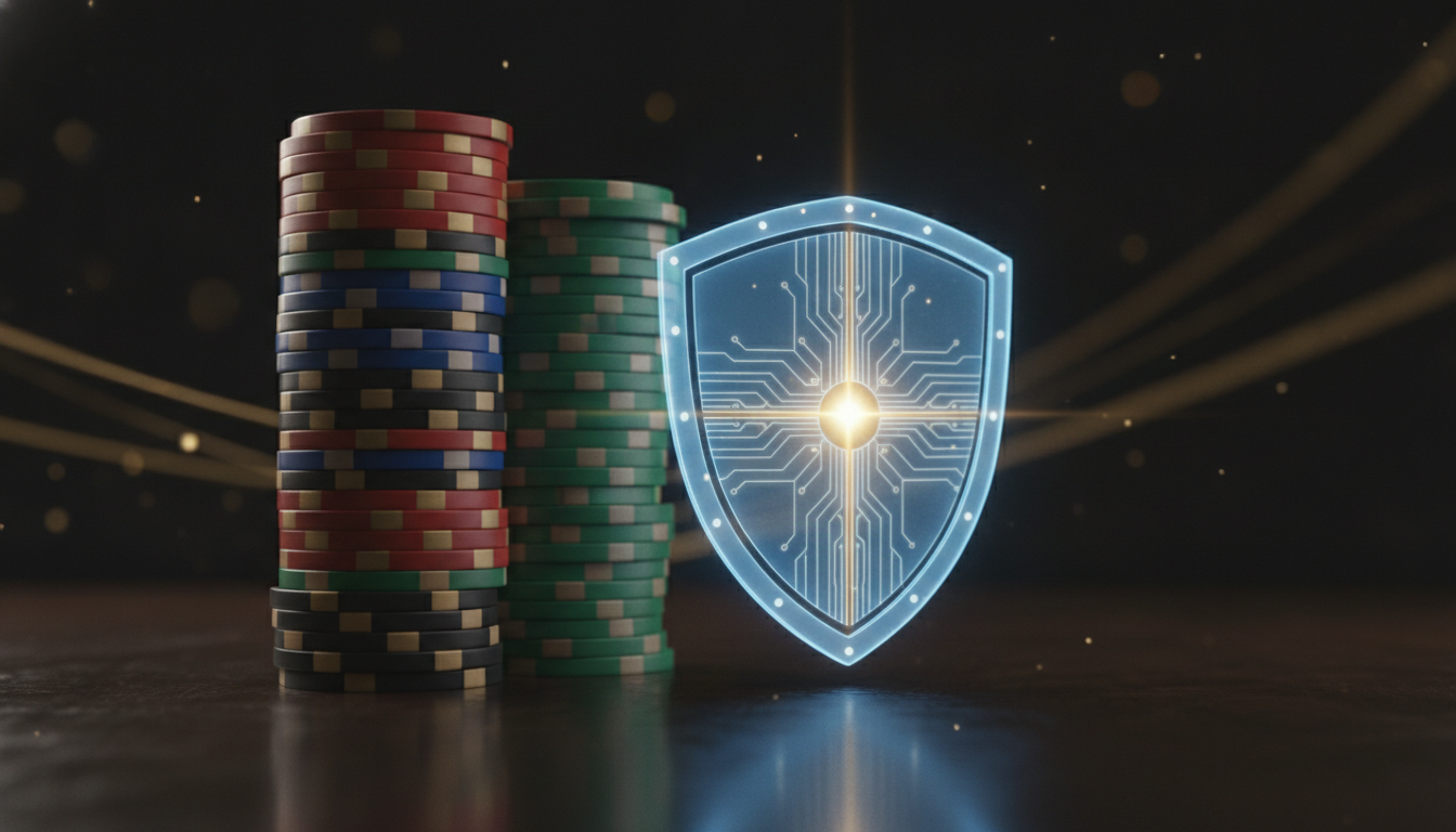 Close-up of casino chips and a digital security shield representing safe online gambling